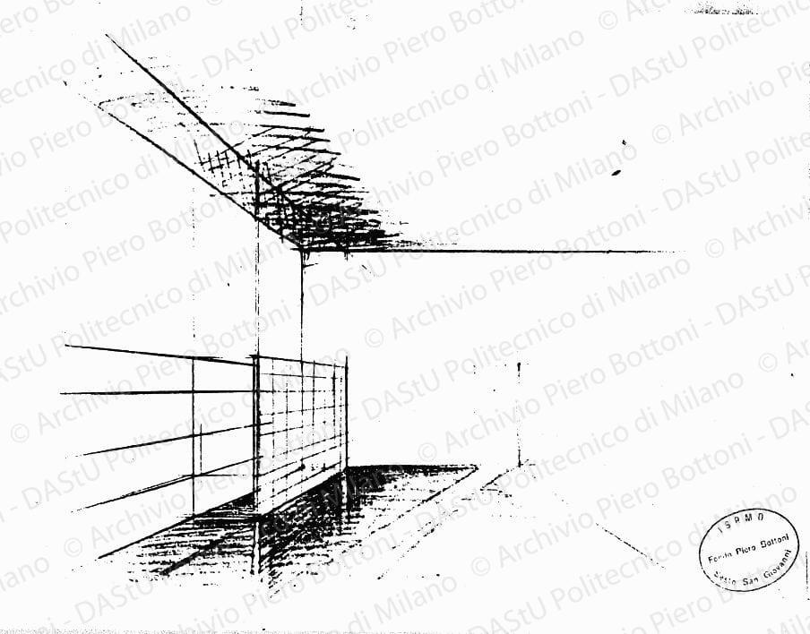 Schizzo prospettico parete acquario, s.d. Matita su lucido, cm 24,5x33,5. 