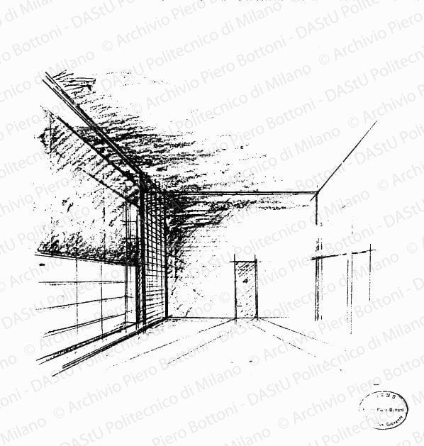 Schizzo prospettico sala d'attesa, s.d. Matita su lucido, cm 33,0x43,0. 