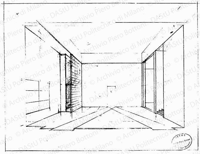Schizzo prospettico sala d'attesa, s.d. Matita su lucido, cm 31,0x41,0. 