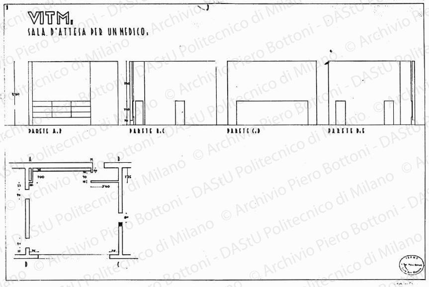 VITM., sala d'attesa per un medico, dis. 1, pianta e prospetti delle pareti, scala 1:50, s.d. China su lucido, cm 52,0x75,0. 