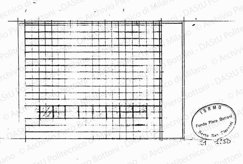 Prospetto parete acquario, scala 1:50, s.d. Matita su lucido, cm 13,0x23,0. 