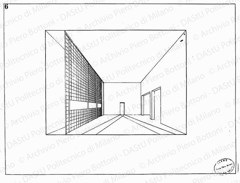 Dis. 6, prospettiva sala d'attesa, s.d. China su lucido, cm 36,0x49,0. 