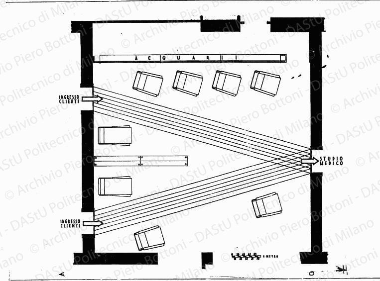 Pianta sala d'attesa con arredo, scala 1:20, s.d. China su lucido, cm 48,7x73,5. 