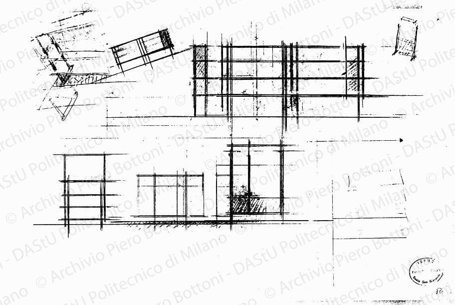 Schizzi di scaffalature, s.d. Matita su lucido, cm 35,5x53,0. 