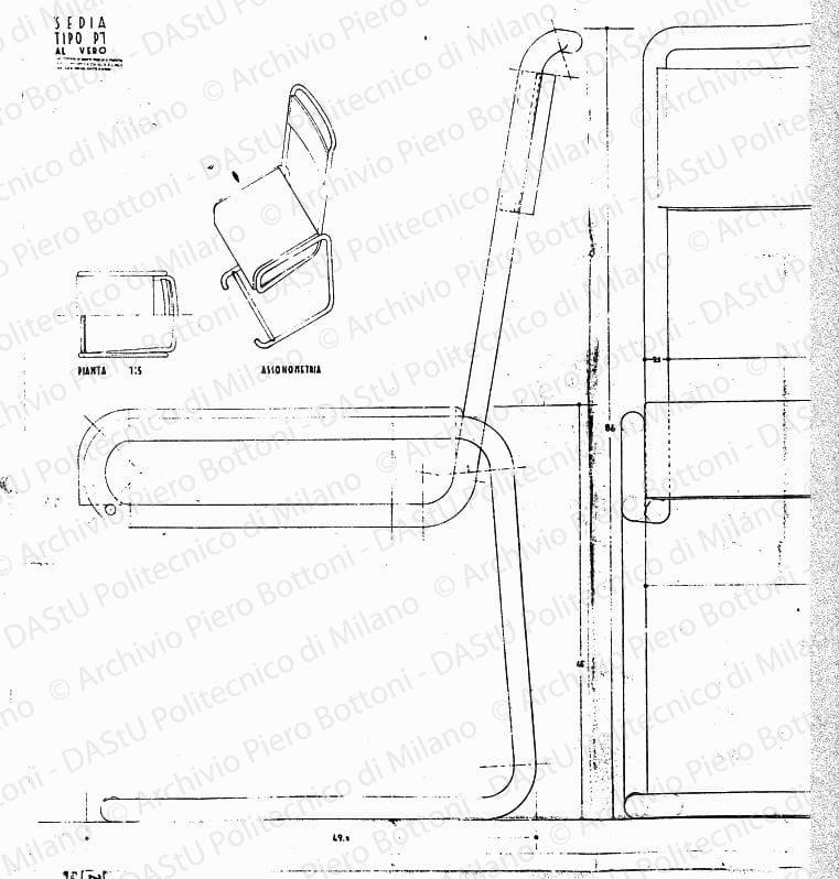Sala di attesa per un medico, sedia tipo P1, scala 1:1, 1:5, marzo 1936. Eliografia su carta, cm 93,0x193,0. 
