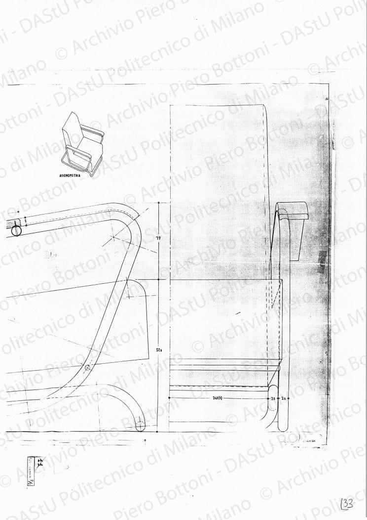 Poltrona tipo B1, pianta, assonometria e viste, scala 1:1, 1:5, prot. 2092, 31 marzo 1936. Matita e china su lucido, cm 94,5x137,5. 