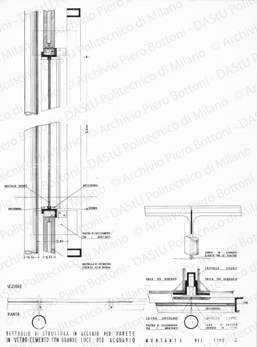 Riproduzione di dettaglio di struttura in acciaio per parete in vetro-cemento con grande luce per acquario, montante del tipo B, scala 1:1. Didascalia dattiloscritta: "Struttura in acciaio per parete in vetrocemento sospesa (Milano - VI Triennale)". Positivo, bianco e nero, 237x176 mm, album giallo n.14, pag.111.