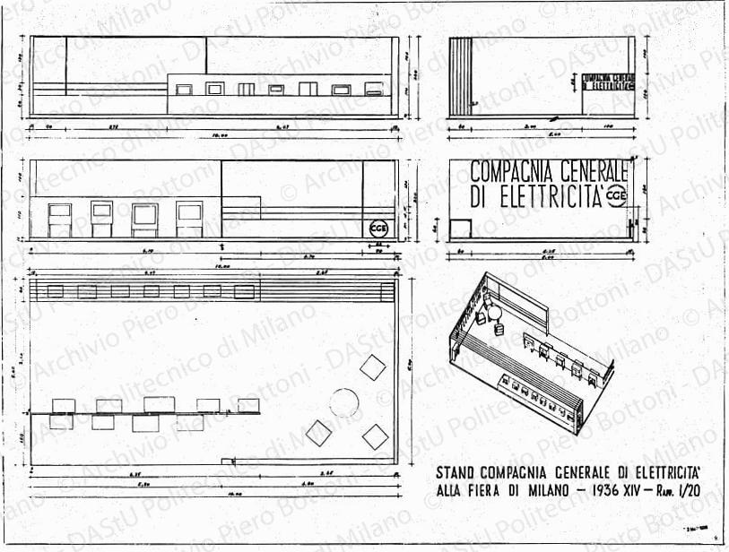 Stand Compagnia generale di elettricità alla Fiera di Milano, pianta, sezione, prospetti e assonometria, scala 1:20, prot. 2082, 3 marzo 1936. China su lucido, cm 74,3x98,5.