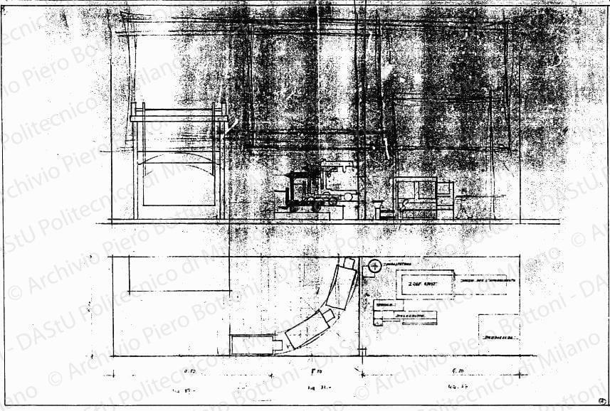 Pianta e prospetto (sezione forni elettrici e carrelli elettrici), scala 1:50, s.d. Matita su lucido, cm 49,5x74,1. 