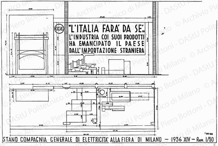 Stand Compagnia generale elettricità alla Fiera di Milano, pianta e prospetto (sezione forni elettrici e carrelli elettrici), scala 1:50, prot. 2084, 7 marzo 1936. China su lucido, cm 41,8x74,3.