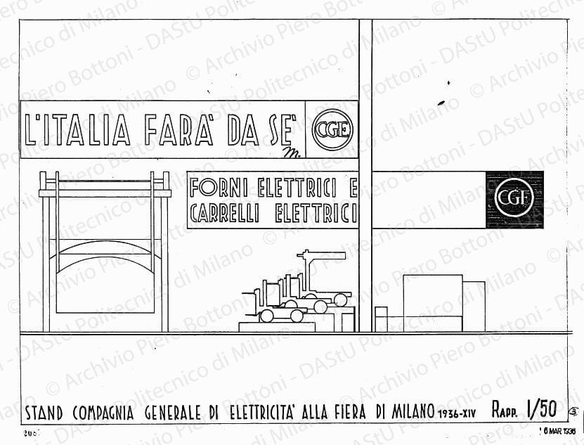 Stand Compagnia generale elettricità alla Fiera di Milano, prospetto (sezione forni elettrici e carrelli elettrici), scala 1:50, prot. 2085, 6 marzo 1936. China su lucido, cm 37,2x50,8.
