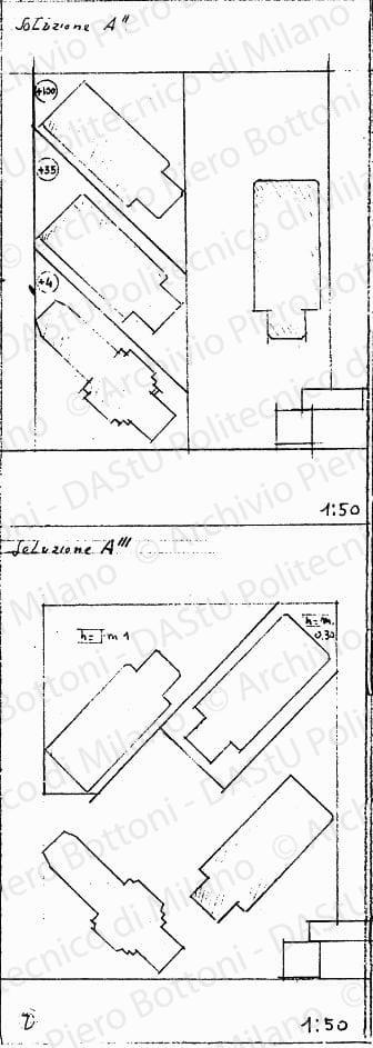 Piante soluzione A'', soluzione A''', scala 1:50, s.d. China su lucido, cm 39,0x14,2. 