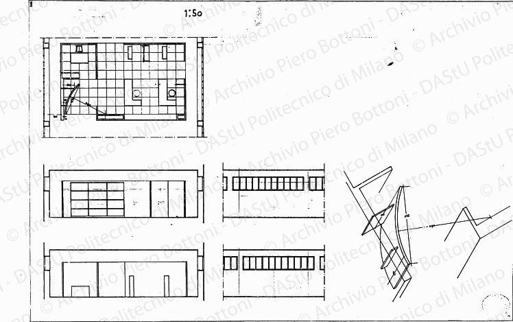 Pianta, sezioni, prospetti e assonometria dell'ufficio, scala 1:50, s.d. China su lucido, cm 49,7x73,3.