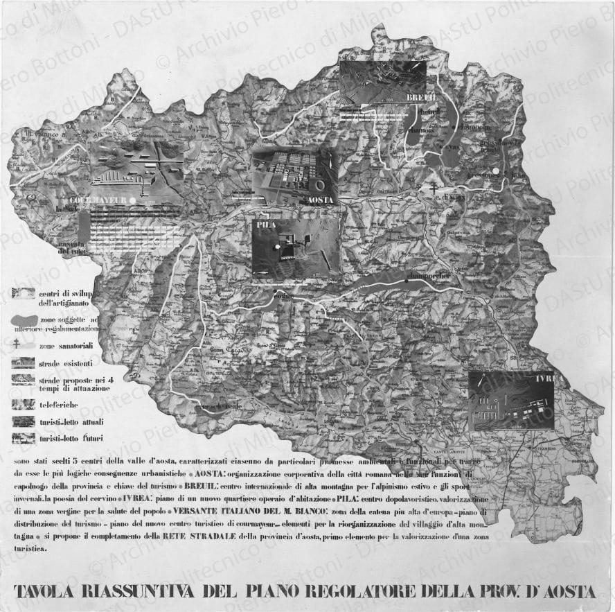 Riproduzione della "Tavola riassuntiva del piano regolatore della Prov. d'Aosta". Positivo, bianco e nero, 224x223 mm, album giallo n.3, pag.47.