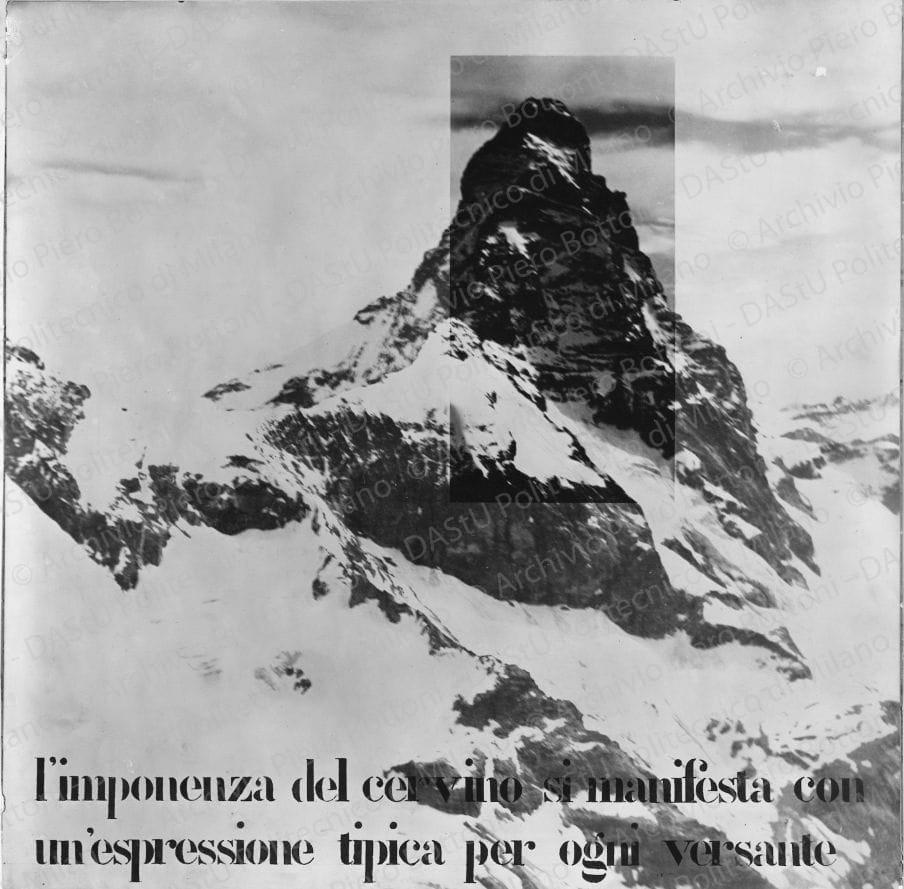 Veduta del Cervino: "l'imponenza del Cervino si manifesta con un'espressione tipica per ogni versante". Positivo, bianco e nero, 226x229 mm, album giallo n.3, pag.49.
