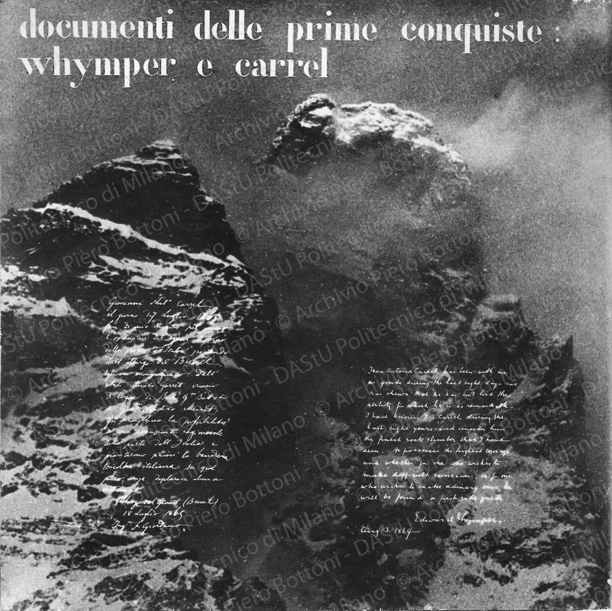 Riproduzione di tavola di analisi: "documenti delle prime conquiste: Whymper e Carrel". Positivo, bianco e nero, 226x227 mm, album giallo n.3, pag.51.