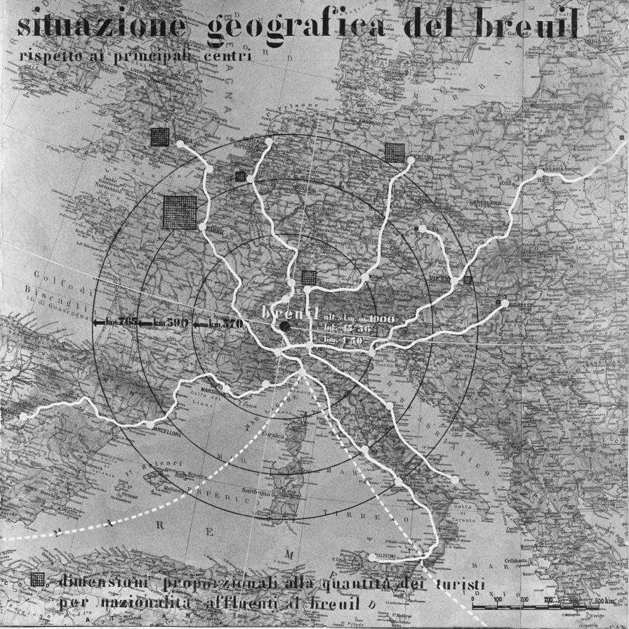 Riproduzione di tavola di analisi: "situazione geografica del Breuil". Positivo, bianco e nero,228x228 mm, album giallo n.3, pag.52.