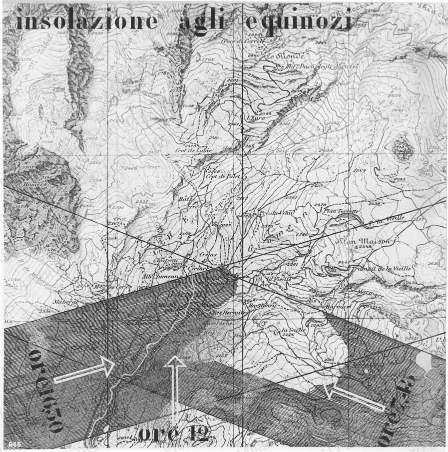 Riproduzione di tavola di analisi: "insolazione agli equinozi". Positivo, bianco e nero, 227x225 mm, album giallo n.3, pag.60.