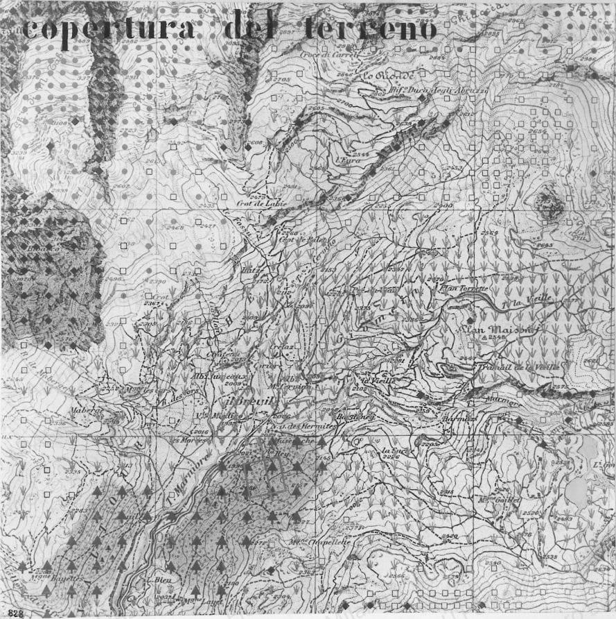 Riproduzione di tavola di analisi: "copertura del terreno". Positivo, bianco e nero, 226x226 mm, album giallo n.3, pag.63.