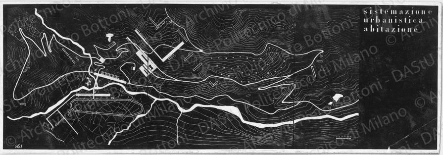 Riproduzione di tavola di progetto: "sistemazione urbanistica abitazione", planimetria. Positivo, bianco e nero, 78x226 mm, album giallo n.3, pag.66.