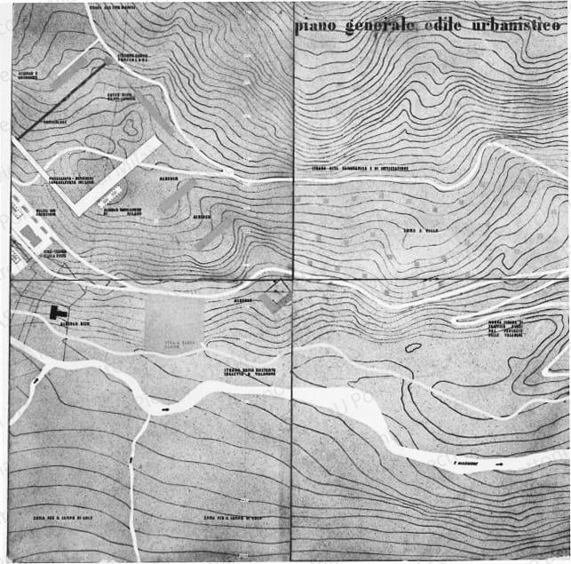 Riproduzione di tavola di progetto: "piano generale edile urbanistico", planimetria. Positivo, bianco e nero, 161x161 mm, album giallo n.3, pag.67.