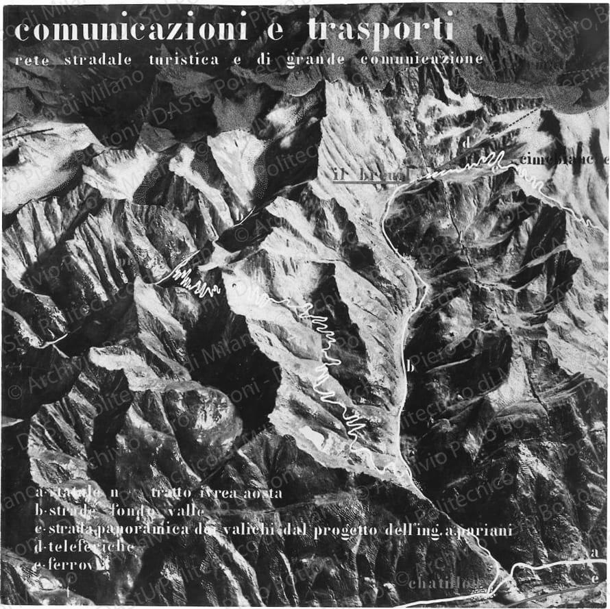 Riproduzione di tavola: "comunicazione e trasporti rete stradale turistica e di grande comunicazione", veduta area delle montagne (parte sinistra della tavola). Positivo, bianco e nero, 225x224 mm, album giallo n.3, pag.76.