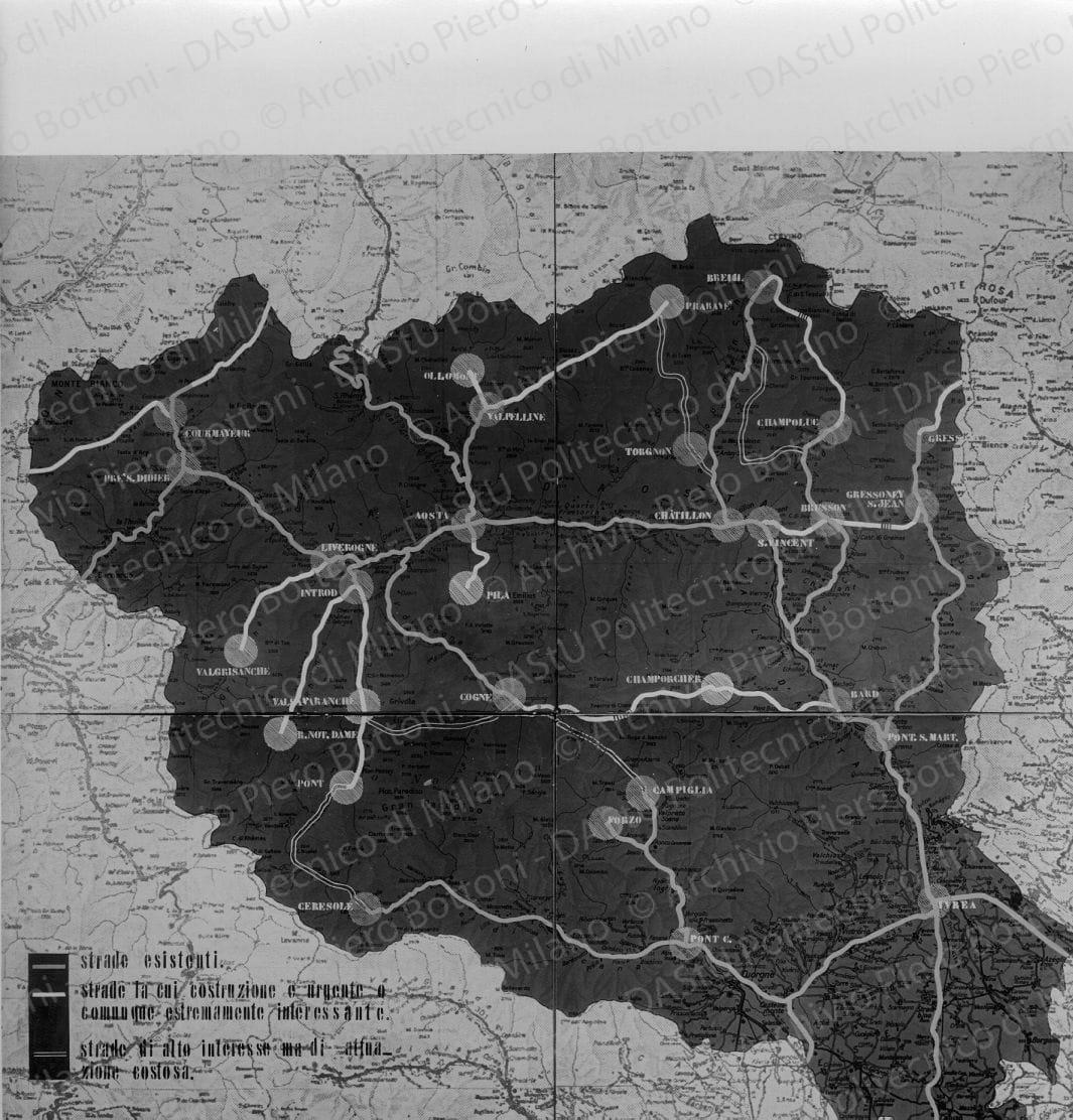 Riproduzione di tavola di analisi Valle d'Aosta: "841 Completamento della rete stradale allacciamento di comuni senza strade collegamento di strade di alto interesse", positivo, bianco e nero, mm 288x229. 