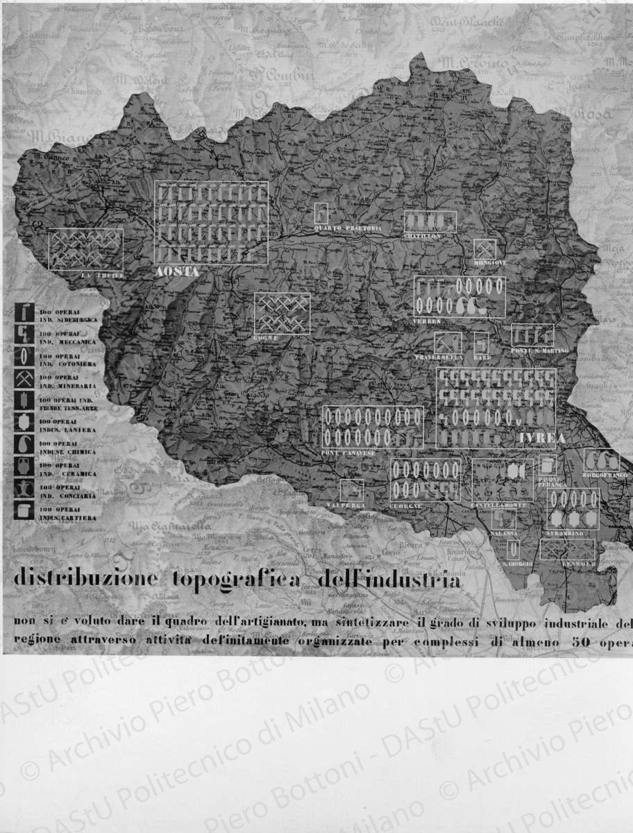 Riproduzione di tavola di analisi Valle d'Aosta: "Distribuzione topografica dell'industria", positivo, bianco e nero, mm 286x229. 