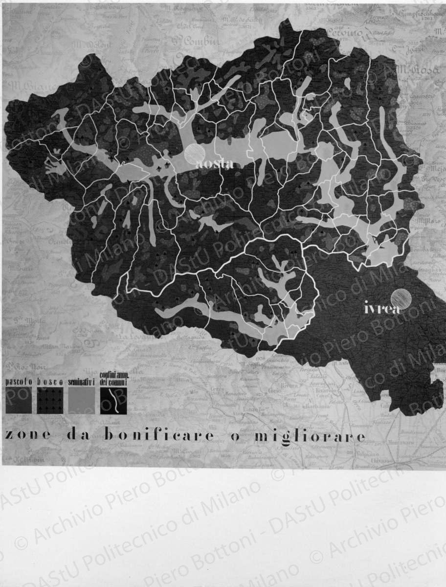 Riproduzione di tavola di analisi Valle d'Aosta: "Zone da bonificare o migliorare", positivo, bianco e nero, mm 286x229. 
