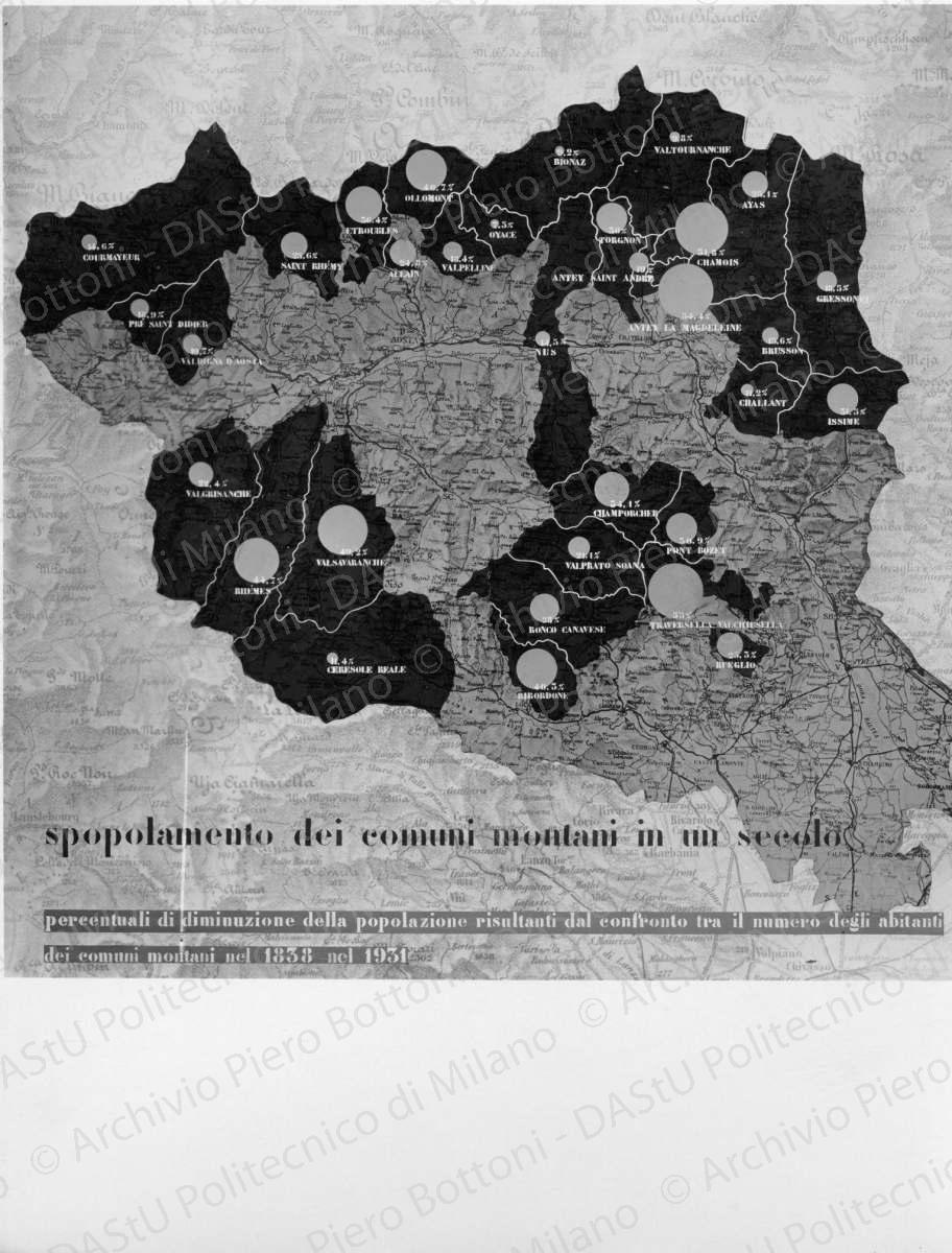 Riproduzione di tavola di analisi Valle d'Aosta: "Spopolamento dei comuni montani in un secolo", positivo, bianco e nero, mm 286x229. 
