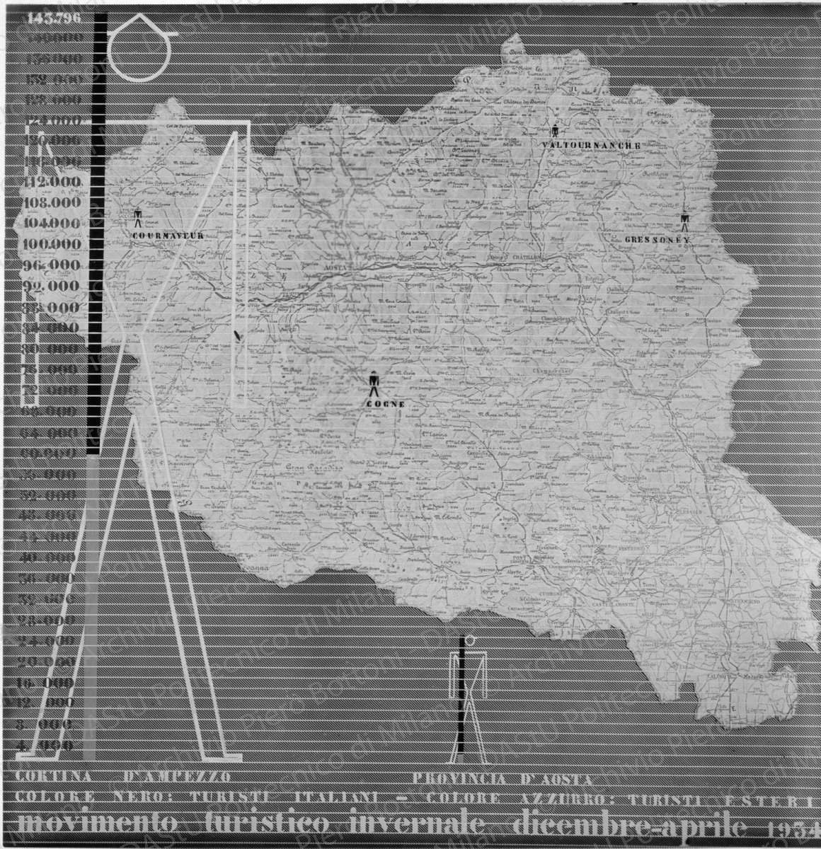 Riproduzione di tavola di analisi Valle d'Aosta: "Movimento turistico invernale dicembre-aprile 1934", positivo, bianco e nero, mm 228x228. 
