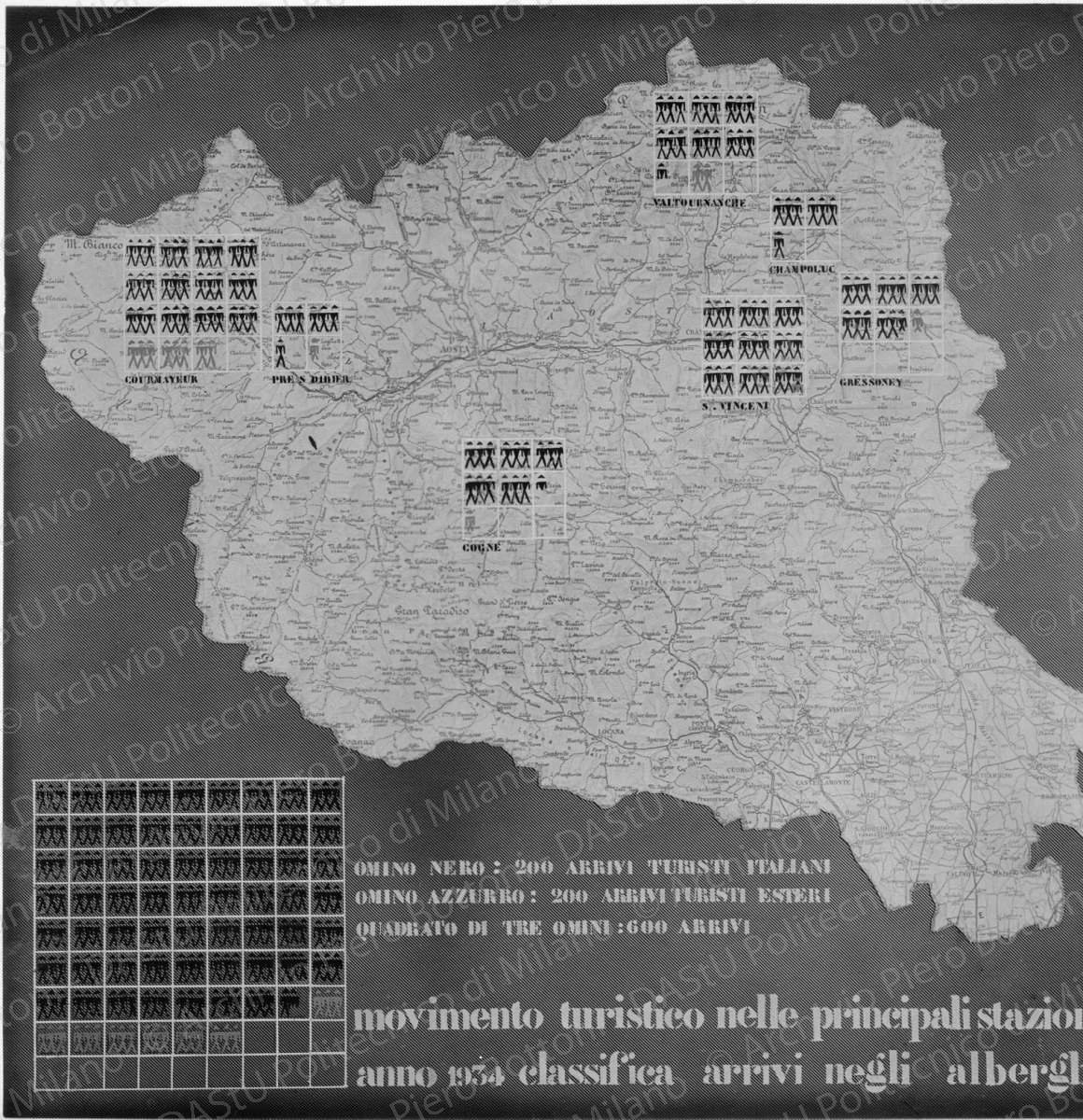 Riproduzione di tavola di analisi Valle d'Aosta: "Movimento turistico nelle principali stazioni anno1934. Classifica arrivi negli alberghi", positivo, bianco e nero, mm 227x227. 