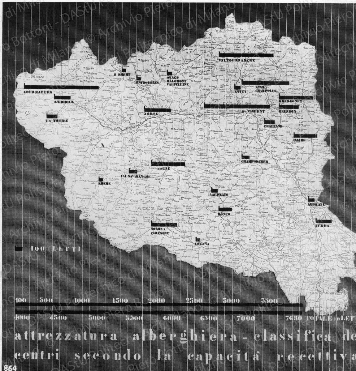 Riproduzione di tavola di analisi Valle d'Aosta: "864 attrezzatura alberghiera. Classifica dei centri secondo la capacit? ricettiva", positivo, bianco e nero, mm 227x227. 