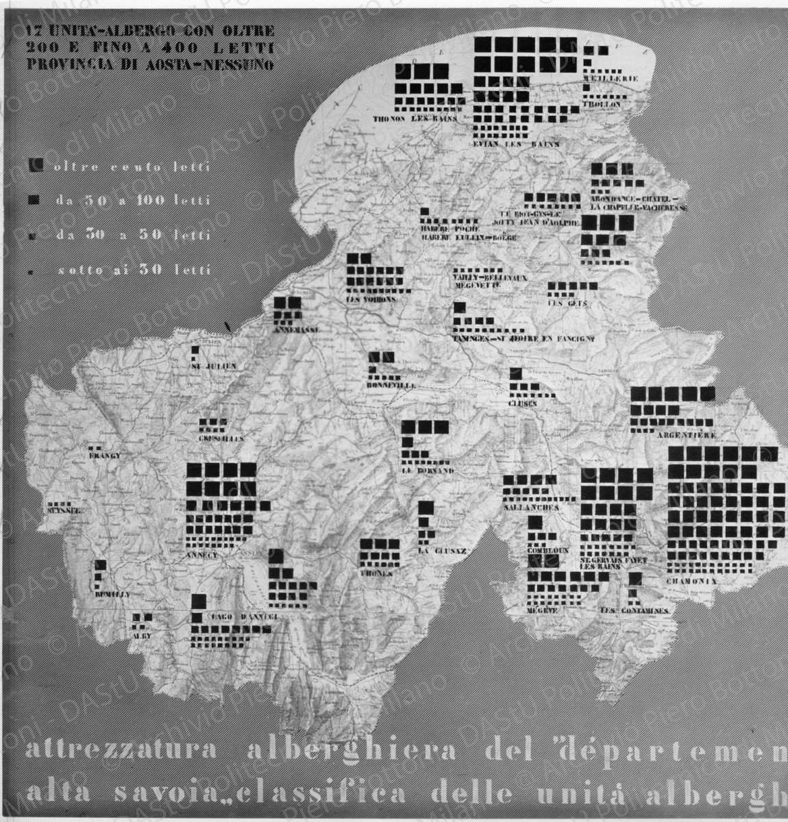 Riproduzione di tavola di analisi Valle d'Aosta: "attrezzatura alberghiera del "d?partement alta Savoia" classifica delle unit? alberghi", positivo, bianco e nero, mm 227x227. 
