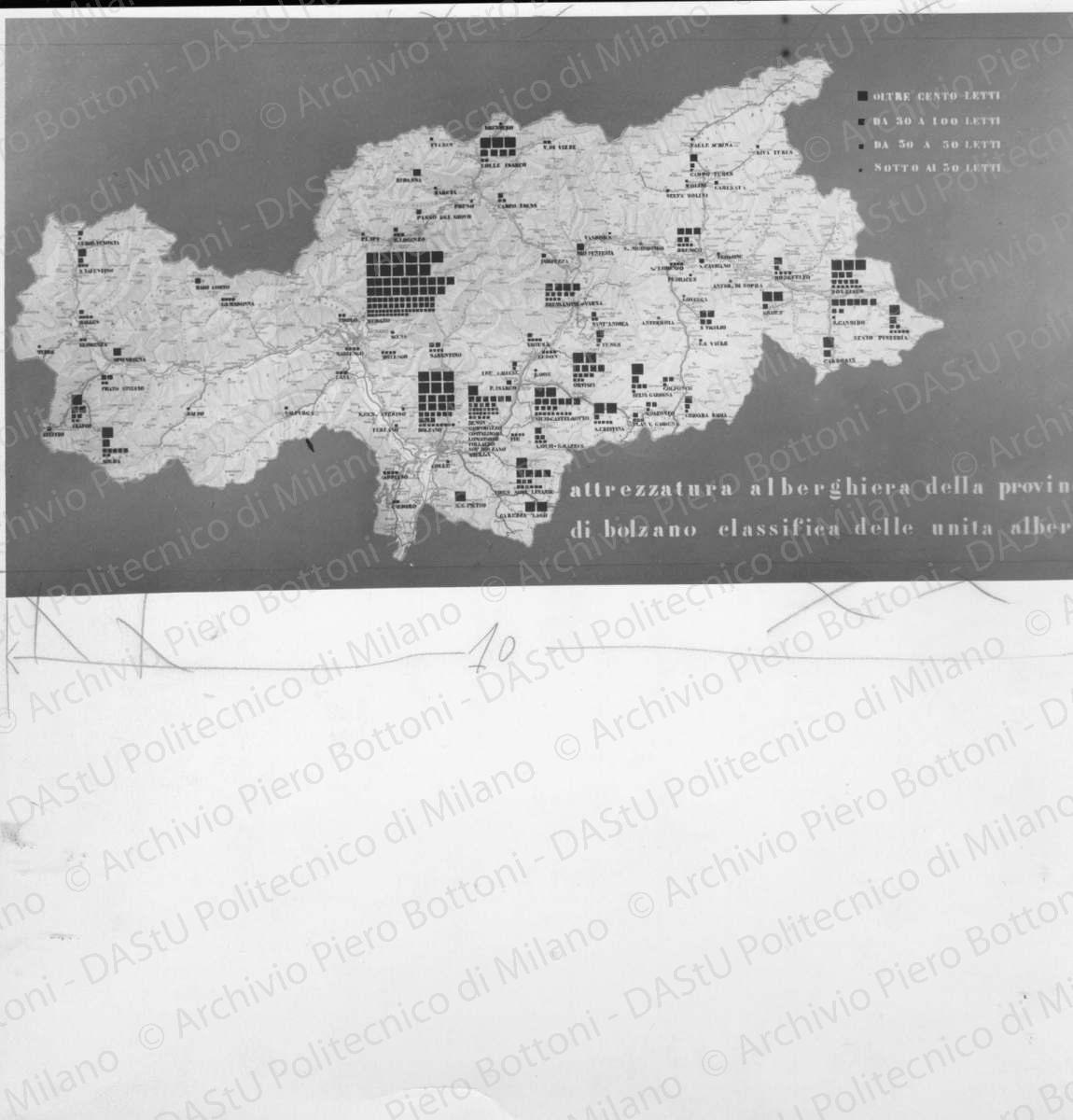 Riproduzione di tavola di analisi Valle d'Aosta: "attrezzatura alberghiera della provincia di Bolzano classifica delle unit? alberghi", positivo, bianco e nero, mm 230x227. 