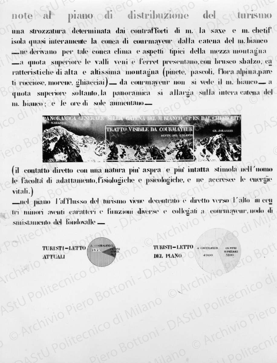 Riproduzione di tavola di analisi di Courmayeur: "note al piano di distribuzione del turismo", positivo, bianco e nero, mm 286x224. 