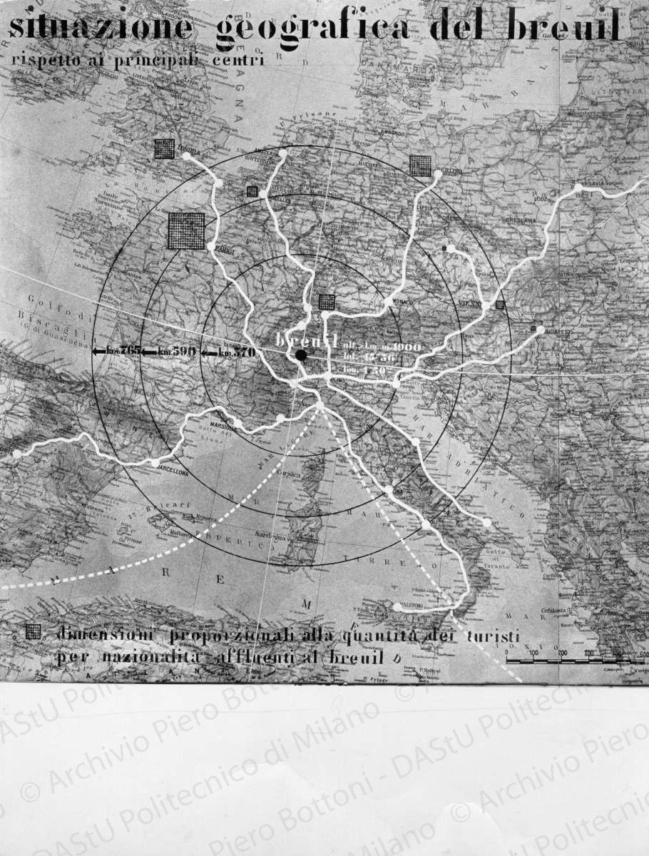 Riproduzione di tavola di analisi di Breuil: "situazione geografica del Breuil rispetto ai principali centri", positivo, bianco e nero, mm 286x226. 