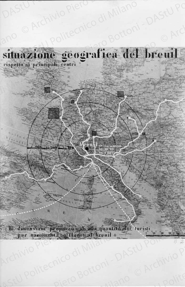 Riproduzione di tavola di analisi di Breuil: "situazione geografica del Breuil rispetto ai principali centri", positivo, bianco e nero, mm 333x239. 