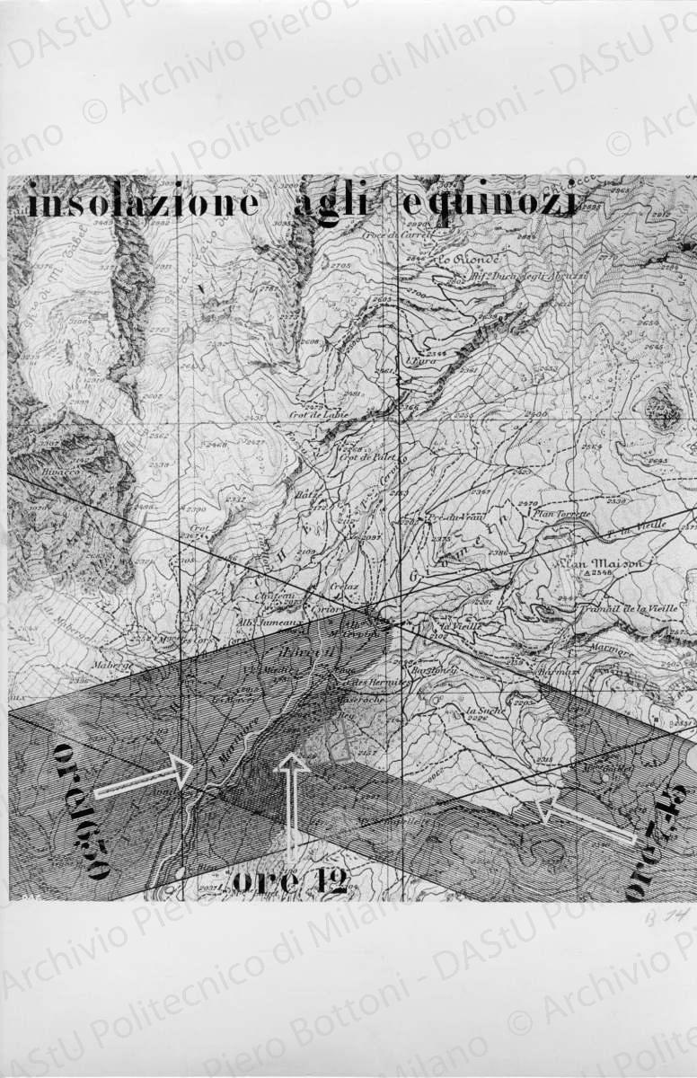 Riproduzione di tavola di analisi di Breuil: "insolazione agli equinozi", positivo, bianco e nero, mm 333x239. 