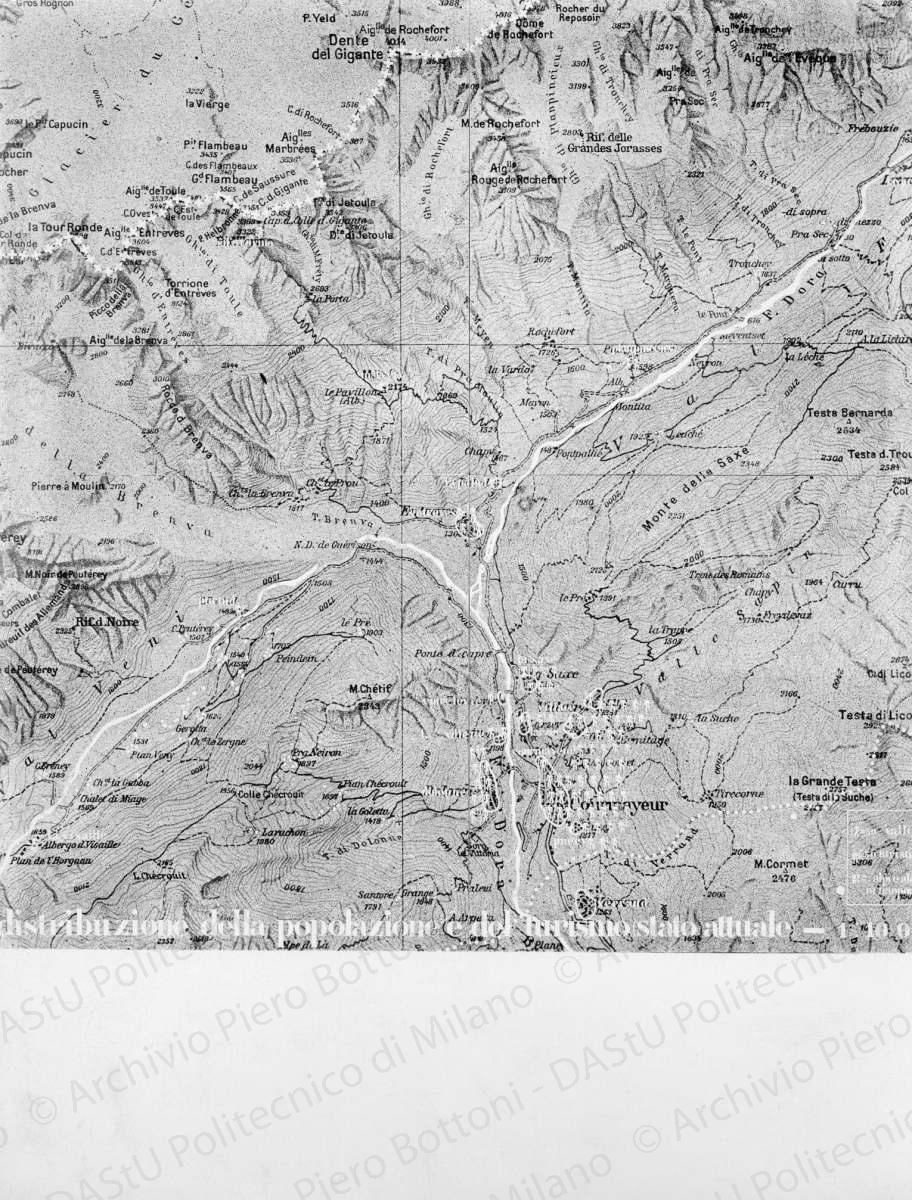Riproduzione di tavola di analisi di Breuil: "Distribuzione della popolazione e del turismo. Stato attuale. 1:10.000", positivo, bianco e nero, mm 286x224. 