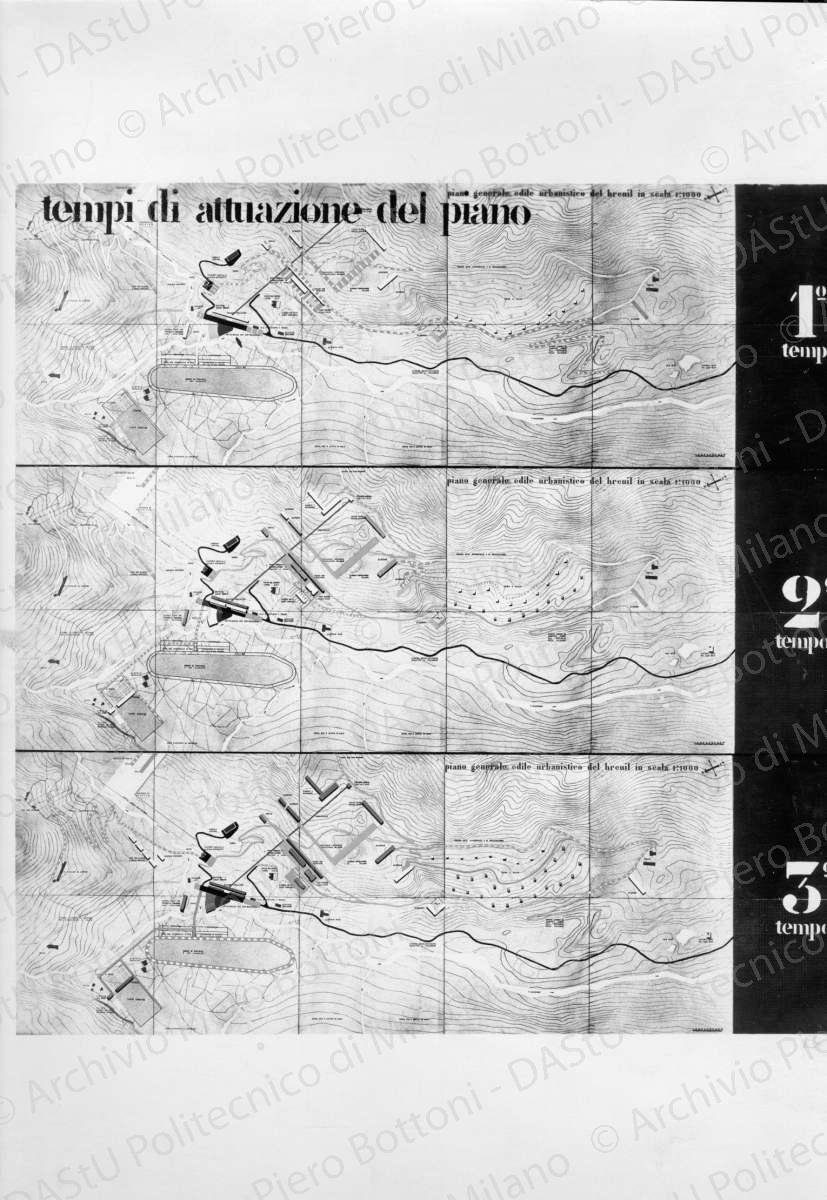 Riproduzione di tavola di progetto di Breuil: "tempi di attuazione del piano", positivo, bianco e nero, mm 315x239. 