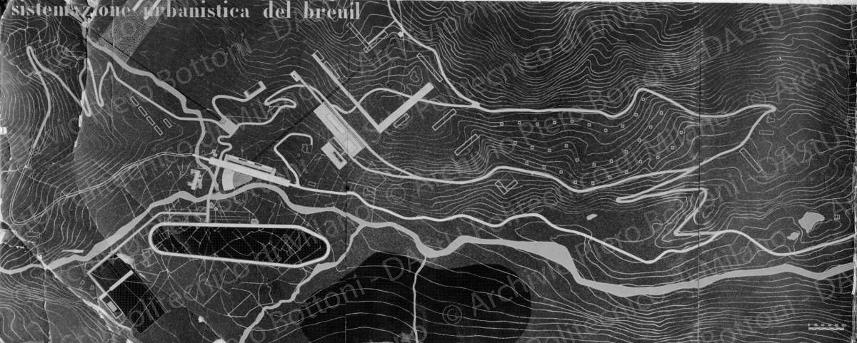 Riproduzione di tavola di progetto di Breuil: "Sistemazione urbanistica del Breuil. Vita collettiva, svago e riposo, comunicazioni e trasporti", positivo, bianco e nero, mm 144x430. 