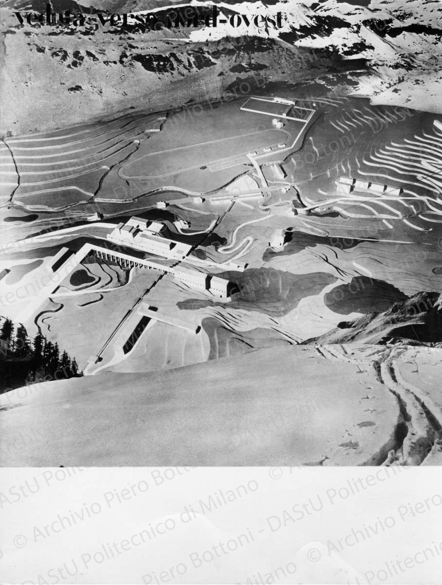 Riproduzione di tavola di progetto di Breuil: fotomontaggio con inserimento del plastico "Veduta verso nord-ovest", positivo, bianco e nero, mm 286x228. 
