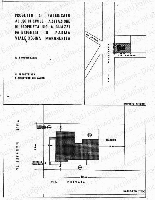 Progetto di fabbricato ad uso di civile abitazione di proprietà Sig. A. Guazzi, da erigersi in Parma viale Regina Margherita, planimetrie, scala 1:200, 1:1000, s.d. China su lucido, cm 53,7x38,0.