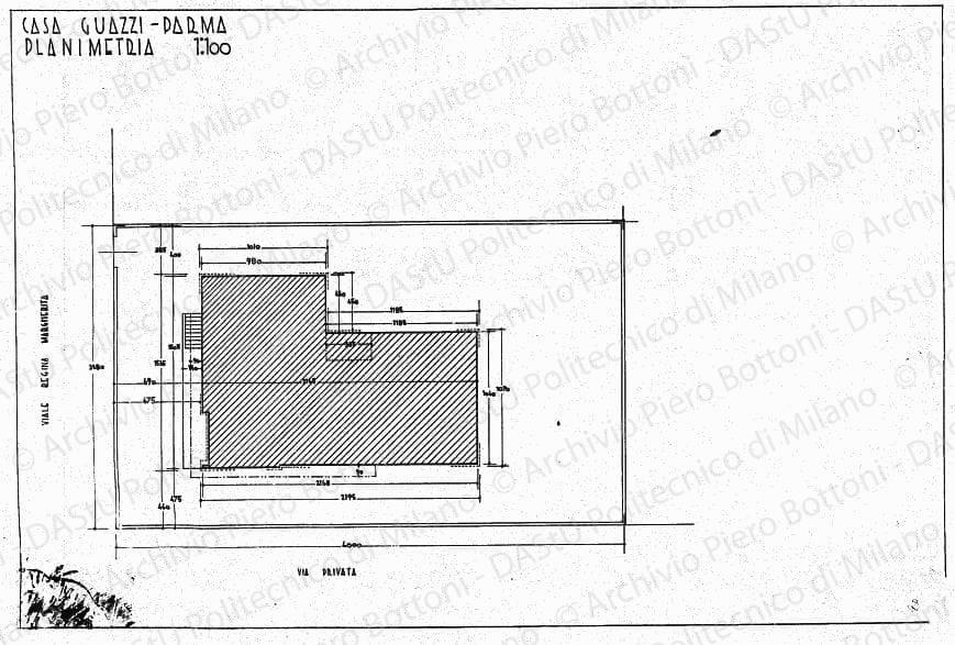 Casa Guazzi, Parma, planimetria, scala 1:100, s.d. China su lucido, cm 48,3x72,0. 