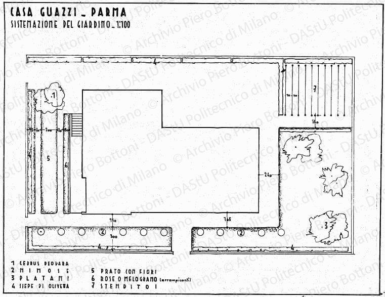 Casa Guazzi, Parma, planimetria sistemazione del giardino, scala 1:100, s.d. China su lucido, cm 37,4x48,4. 