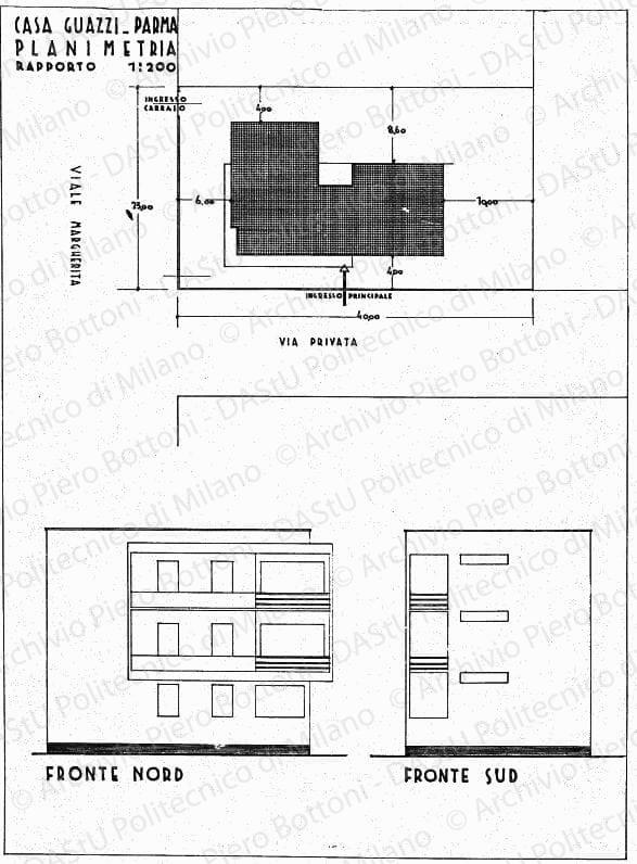 Casa Guazzi, Parma, planimetria, fronte nord, fronte sud, scala 1:100, 1:200, s.d. China su lucido, cm 48,8x35,9. 