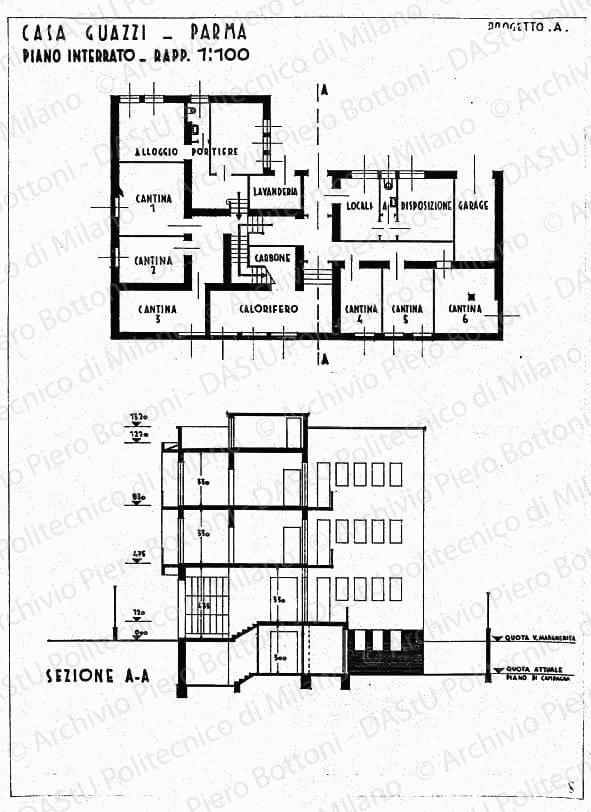 Casa Guazzi, Parma, progetto A, piano interrato, sezione AA, scala 1:100, s.d. China su lucido, cm 48,7x36,0. 