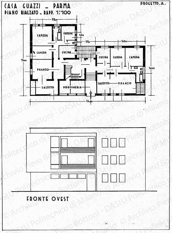 Casa Guazzi, Parma, progetto A, piano rialzato, fronte ovest, scala 1:100, s.d. China su lucido, cm 49,4x35,9. 