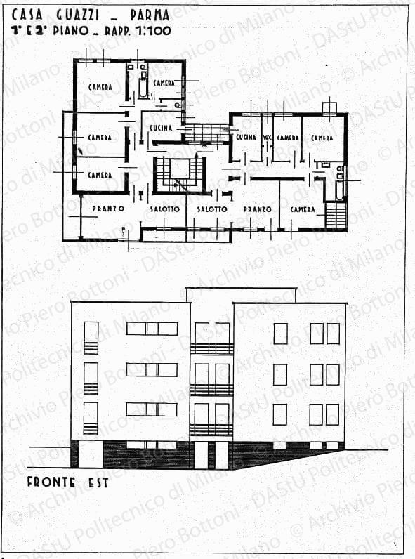 Casa Guazzi, Parma, 1 e 2 piano, fronte est, scala 1:100, s.d. China su lucido, cm 48,5x35,5.